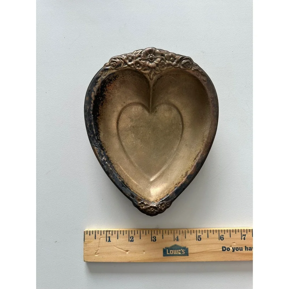 Vintage International Silverplate Heart Trinket Dish Floral Embossed Patina